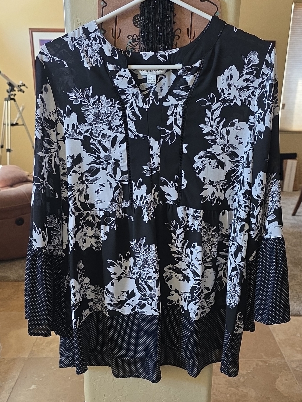 Counterparts Black and White Floral Split V-Neck Tunic